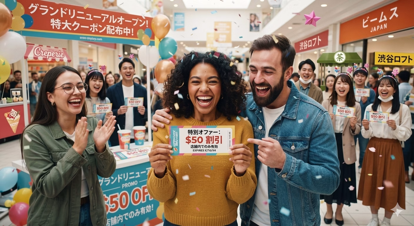 Diverse group of shoppers in a mall celebrate a $50 discount coupon; woman in a mustard sweater holds the coupon as friends cheer and confetti falls.