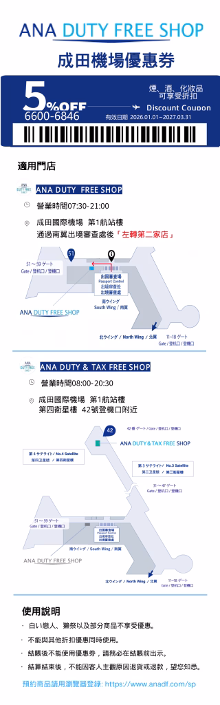 Coupon image for ANA Duty Free Shop with 5% off code and barcode; includes store map and operating hours in Japanese/English for airport duty-free purchases.